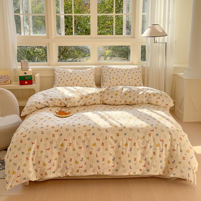 LIWHENHAO Dog Duvet Cover Set Twin 100% Cotton Bedding Colorful Cartoon Puppy 1 Cute Kawaii Animal Comforter Cover Zipper Closure 2 Pillowcases for Kids Girls Boys