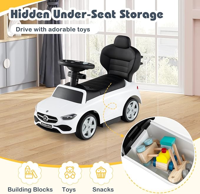 Costzon Push Car for Toddlers, 3 in 1 Mercedes Benz Stroller Sliding Walking Car w/Canopy, Handle, Safety Bar, Horn Sound, Underneath Storage, Foot-to-Floor Ride On Toy for Boys & Girls, White