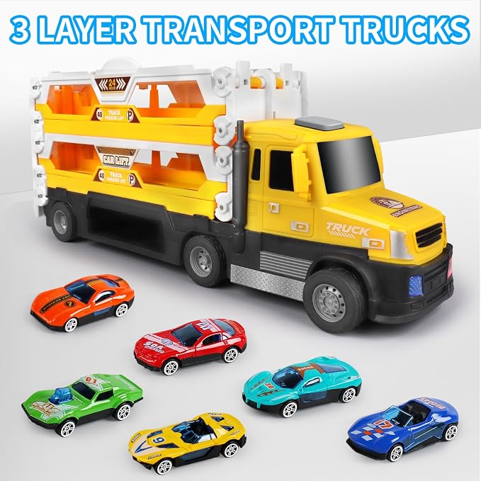 DOWELLIN 6 in 1 Transport Truck Toys for Kids, Police Trucks Carrier Cars with 6Pcs Metal Race Car with Light&Sounds, Toddler Vehicles Toys Gifts for Boys Girls Age 3 4 5 6 7 8-Yellow