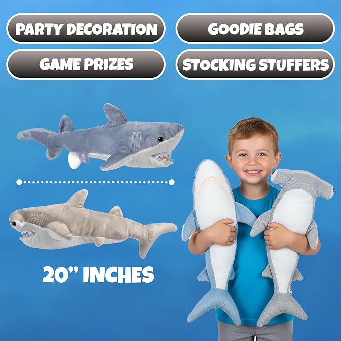 Bedwina Stuffed Animal Sharks - Pack of 2 Extra-Large, 20 inch Mako & Hammerhead Plush Shark Toys, Stuff Animals Toy, for Baby Toddlers & Kids