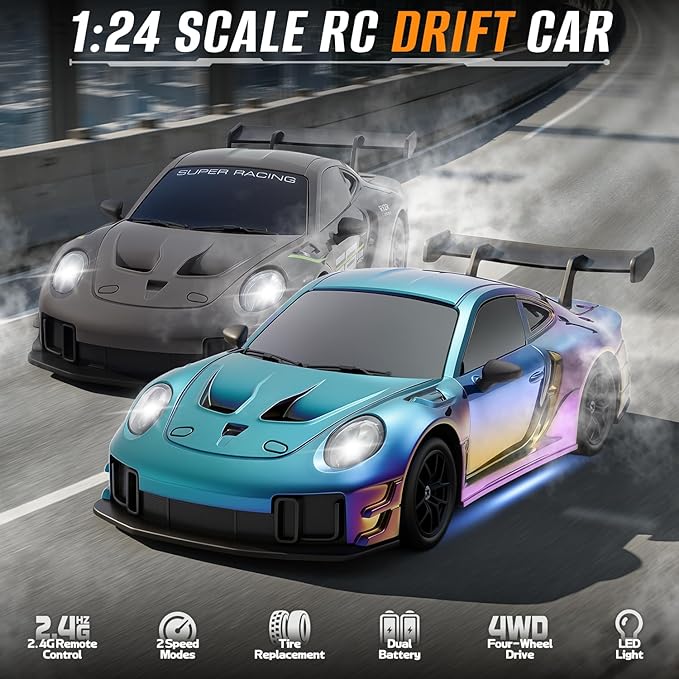 RC Drift Car, 1:24 4WD Remote Control Cars Vehicle with LED Light,2.4GHz 20KM/H High Speed RC Cars with Two Batteries & Drifting Tires Racing Sport Toy for Adults Boys Girls Kids Colorful