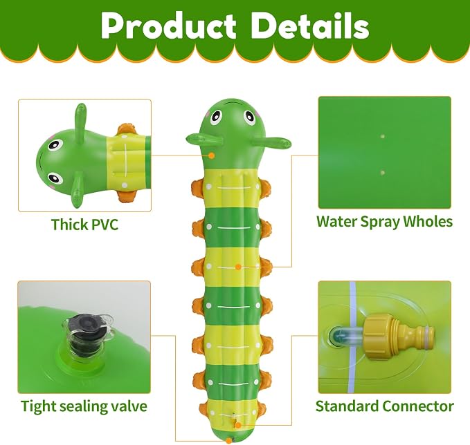 Water Sprinkler for Kids, Large Caterpillar Inflatable Sprinkler, Kids Sprinklers for Yard, Outdoor Water Toys Spray Summer Water Play for Boys Girls Dogs Backyard (Green)