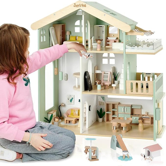 Joylike Wooden Dollhouse for Kids, Family Dollhouse with 53PCS Including Toy Figures, Furniture and Accessories, Ideal Gift for Kids Ages 3+