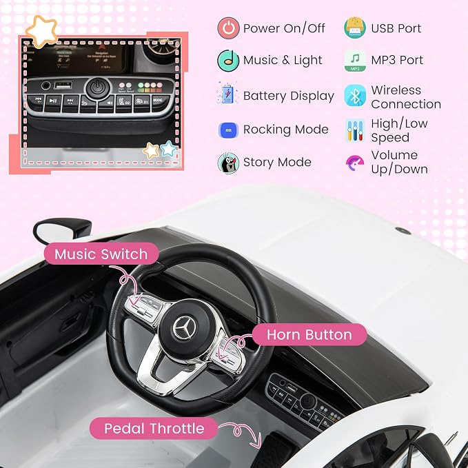 Costzon Ride on Car, 12V Licensed Mercedes-Benz Kids’ Electric Vehicles with Parent Remote, Rocking Function, Music & Horn, LED Headlights & Soft Start, Battery Powered Kids Car Toy for Ages 3+(White)