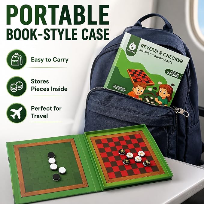2-in-1 Checkers & Reversi Board Game | Magnetic Travel Games for Kids 8-12 | Plane Activities for Kids Ages 8-12 | Foldable Magnetic Checkers & Travel Activities