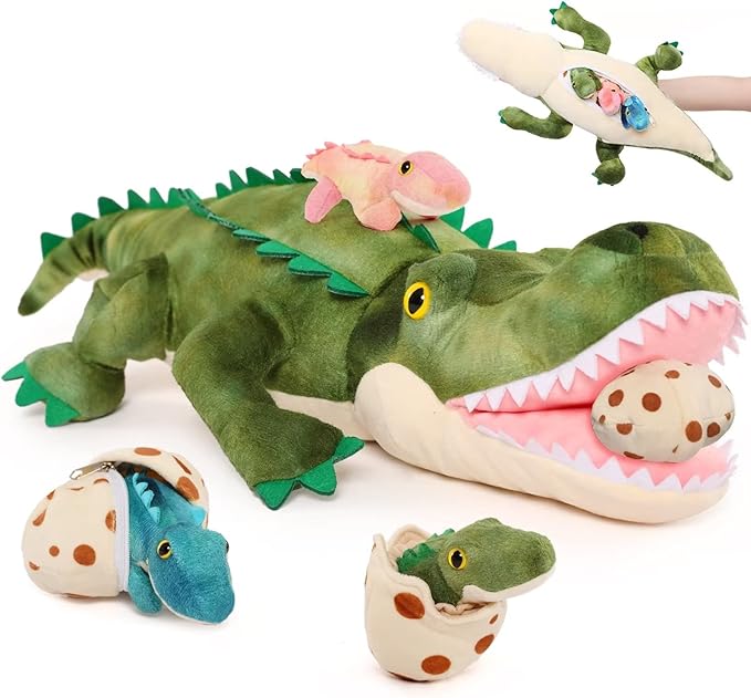 7Pcs Alligator Stuffed Animal, 23.6" Giant Crocodile Plush Toy with 3 Baby Crocodiles Plushies, Stuffed Alligator Gift for Kids on Birthday,Christmas or Baby Shower,Party Decorations