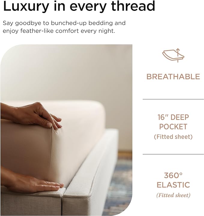 Threadmill 100% Cotton Sheets for Queen Size Bed - 600 Thread Count Queen Bed Sheets Set with 16” Deep Pocket - Sateen Weave 4-Piece Bedding Set with Cooling Effect, Beige