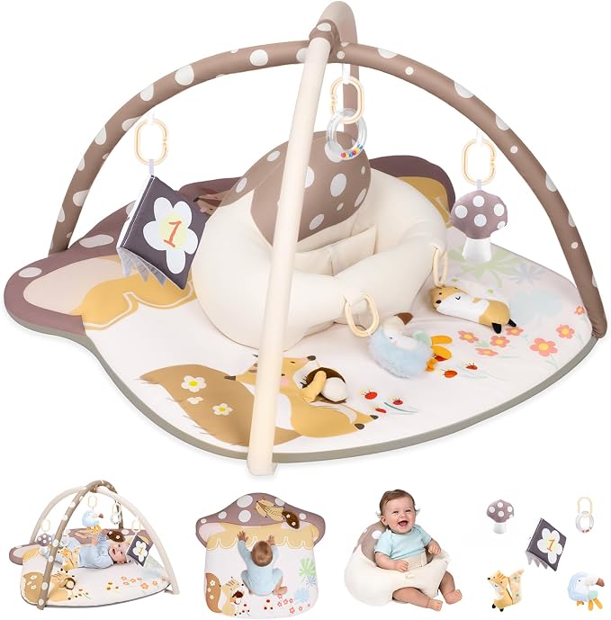 suihuooo 3-in-1 Baby Play Mat & Baby Seats for Infants for Sitting Up, Tummy Time Gym Activity Mat with 5 Detachable Toys, for Babies 0-6-12-18 Months, Newborn Babies Shower Gifts(Khaki)