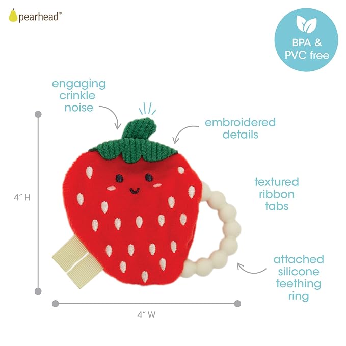 Pearhead Strawberry Baby Teether – Soft Plush Sensory Toy with BPA-Free Silicone Beaded Ring & Crinkle Sound, Soothes Teething Pain, Newborn Essentials for Boys and Girls, 0+ Months