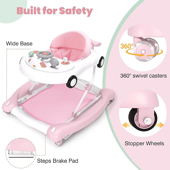 5-in-1 Convertible Baby Walker with Steering Wheel Music Activity Center – Infant Rocker, Jumper, Push Walker, Bouncer & Feeding Foldable Walker for Ages 6-18 Months Boys Girls (Pink)