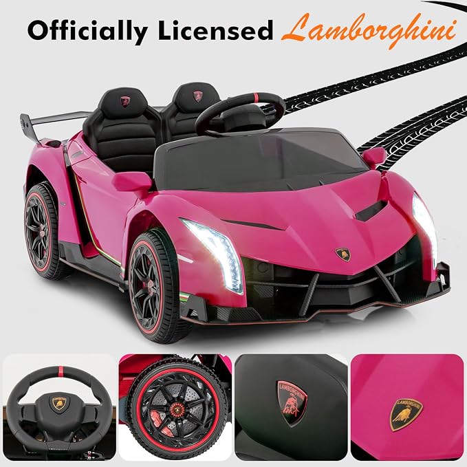 INFANS 2 Seater Kids Ride on Car, 12V 4WD Licensed Lamborghini Veneno Powered Electric Vehicle with Hydraulic Doors, Rocking Mode, Adjustable Speeds, Remote Control, MP3, Headlight (Coral)