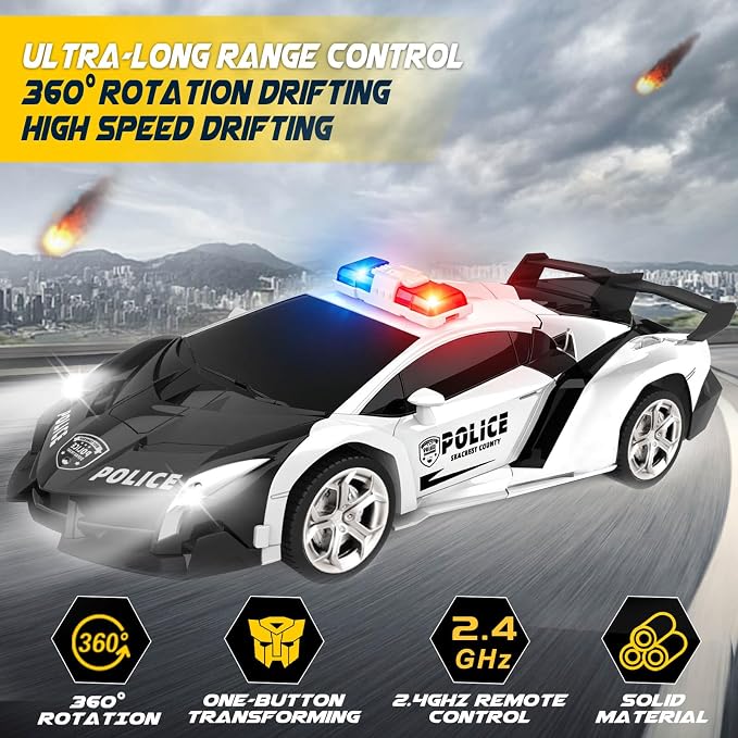 Dolanus Remote Control Police Car - RC Car Transform Robot, Flashing Light, 2.4Ghz, 360 Degree Rotating, Toys for Ages 5-7, Kids Toys, Birthday Gifts for 3 4 5 6 7 8 10 12 Years Old Boy (Black)