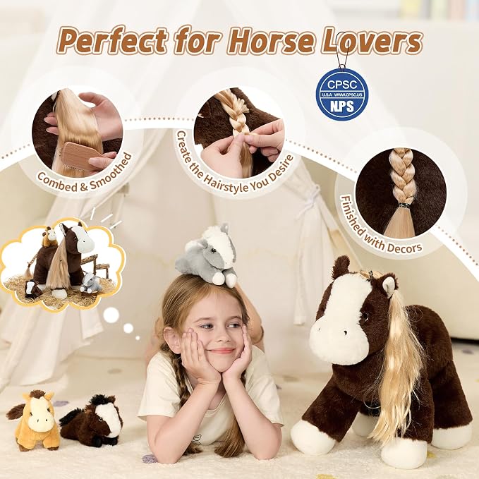 Tezituor 4Pcs Horse Stuffed Animal with Long Hair, 18 Inch Large Mommy Horse with 3 Baby Ponies Plush Set, Realistic Farm Pony Body Pillow Gift for Girls Boys