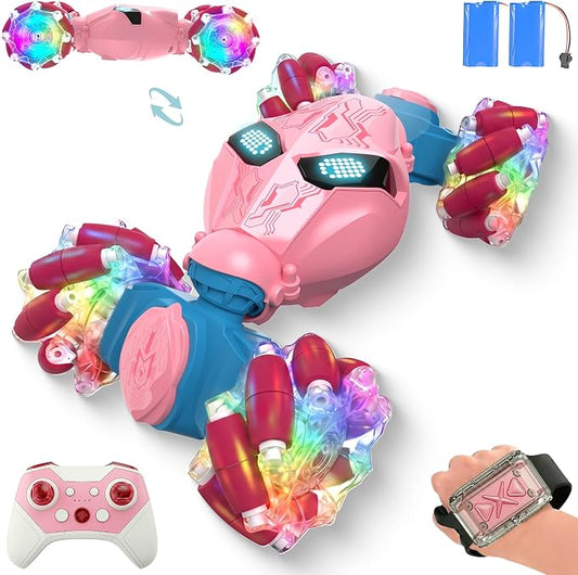 Uucoco Pink Rc Gesture Sensing Stunt Car Toys for Girls 3-12 Years Old, Drift Hand Control Remote Control Cars with Light & Music, 2.4Ghz 4WD 360°Rotation Double Side Cars Birthday Gifts for Kid