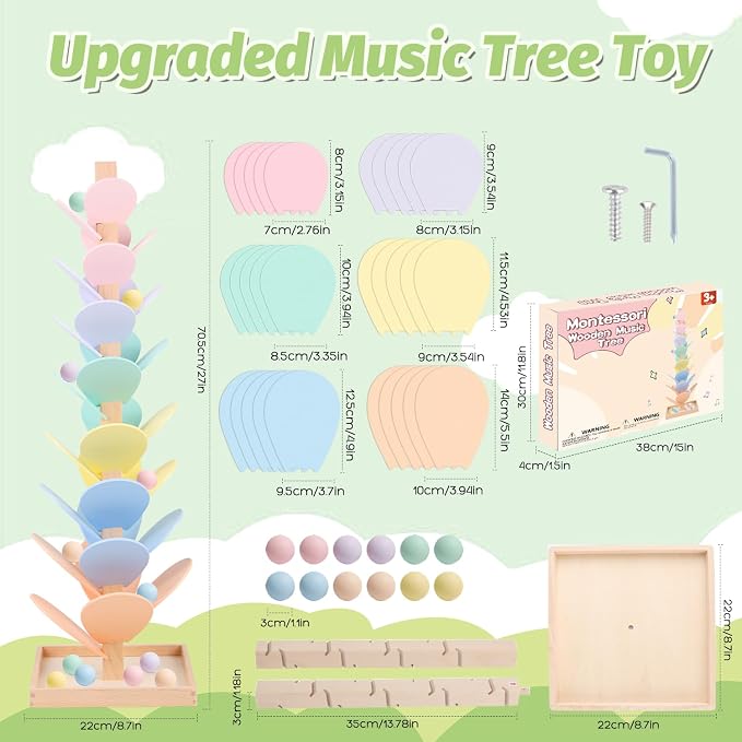 Marble Run Wooden Ball Drop Toys for 3-5 4-8 Wood Montessori Toys Music Tree for Toddlers Musical Game Learning Color Sorting Sensory Toys for Boys Girls 8-12 Gift (Height: 27.8in) (1.1in Balls)