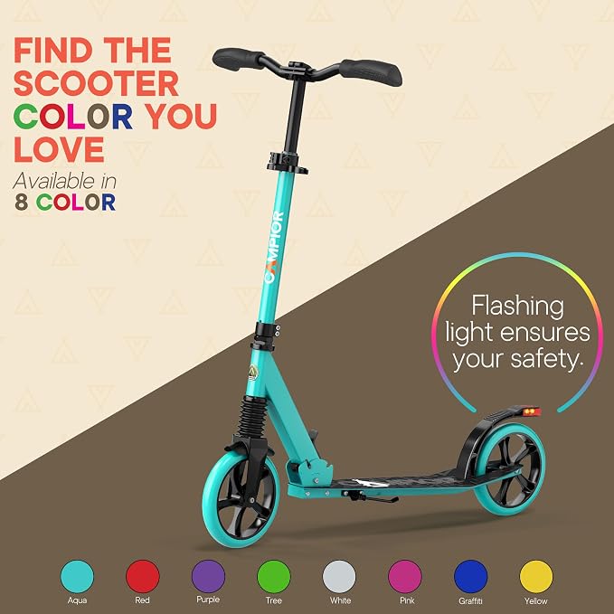 Campior Kick Scooter for Ages 6+, for Kids, Teens, and Adults, Max Load 240 LBS, Foldable, 8-inch Big Wheels for Kids and Adults, with Kickstand, 3 Adjustable Levels, Child Safety Approved, Aqua