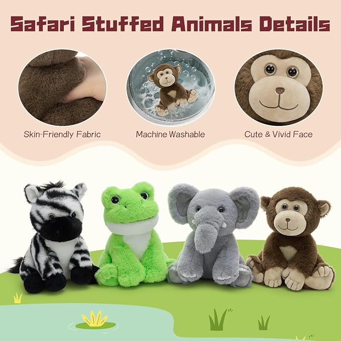 MaoGoLan 4Pcs Small Stuffed Animals Bulk, Safari Jungle Animal Plush Toys Set - Elephant Monkey Zebra Frog, Soft 8" Zoo Stuffed Animals for Kids, Birthday Party Favors Classroom Rewards