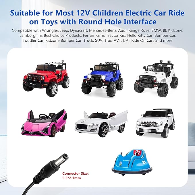 12V Battery Charger for Kids Ride On Toys, Electric Cars, Power Wheels, Motorcycles, ATVs, for Jeep, for Dodge Charger Toy Car Universal adapter for 12V Ride On Vehicles and Small Electric Toys