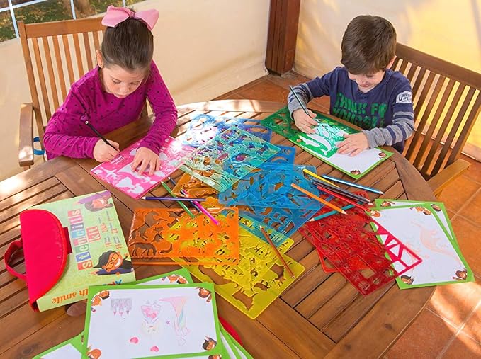 Drawing Stencils for Kids Kit & Carry Case – – Child-Safe, Non-Toxic Stencil Set with 300 Shapes, Colored Pencils, Paper, Etc. – Birthday Gifts & Travel Art Supplies for Creativity, Learning and Fun