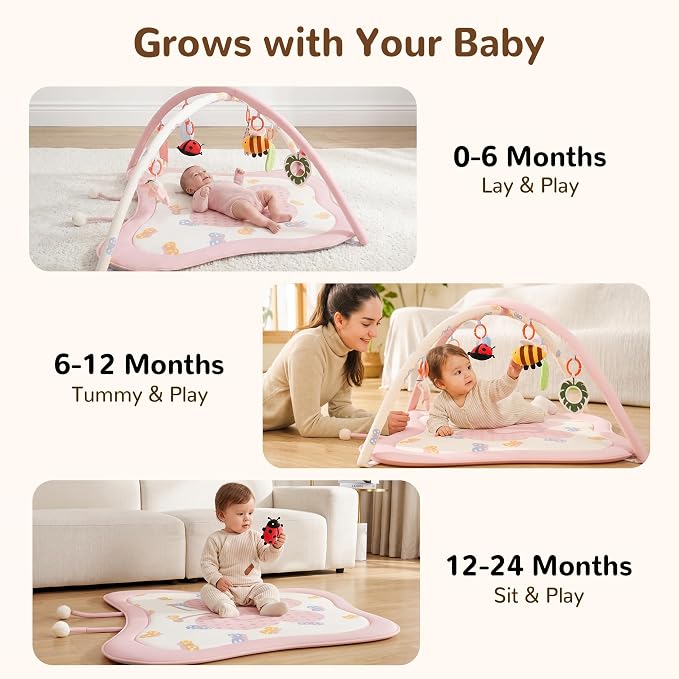 Pamo Babe Baby Play Gym & Activity Mat, Tummy Time Mat with 8 Montessori Toys, Non-slip Foldable Baby Playmat for Stage-Based Development, Machine Washable Baby Gym Play Mat for Newborn Essential Gift
