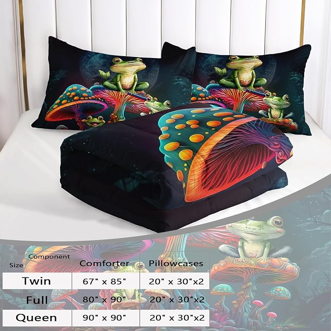 AILONEN Frog Comforter Set Twin Size,Fantasy Magic Mushroom Frog Kids Bedding Set for Boys Girls,Green Wild Animals Duvet Set 3 Pieces, 1 Quilt and 2 Pillowcases, All Season