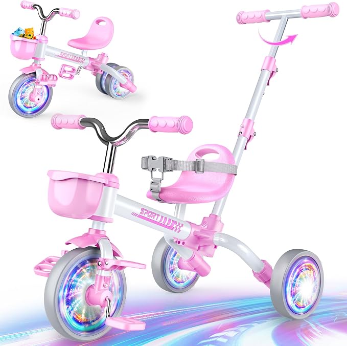 Kkdi 5 in 1 Toddler Bike for 1-5 Year Old, Tricycle with Push Handle, Convertible Baby Balance Bike, Bicycle, Color Light Wheel & Detachable Pedal, 4-Position Seat, Toddler Girl Birthday Gift, Toy