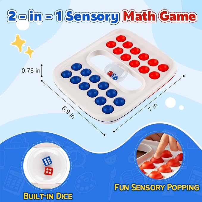 Kiditos Pop Math Game for Kids Ages 4–8, Fidget Math Board Game with Built-in Dice, Addition & Subtraction Learning Toy, Sensory STEM Toy for Classroom, Homeschool & Travel