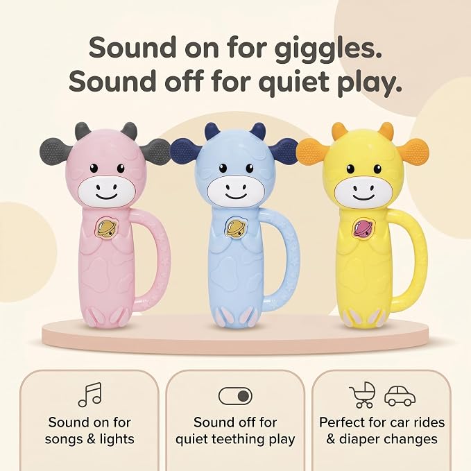 MooMoo Baby Musical Toy, 4‑in‑1 Light‑Up Sensory Toy & Teether for 3–24 Month Babies, BPA‑Free with Easy‑Grip Handle, Cute Cow‑Shaped Travel Toy for Car Seat & Stroller (Pink)