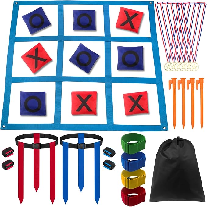 Outdoor Game Set, Kanosan Outside Giant Tic Tac Toe Bean Bag Toss Games,3 Legged Race Bands, Catch Tail Game, Field Day Birthday Party Family Reunion Carnival Yard Lawn Easter Games 28PCS