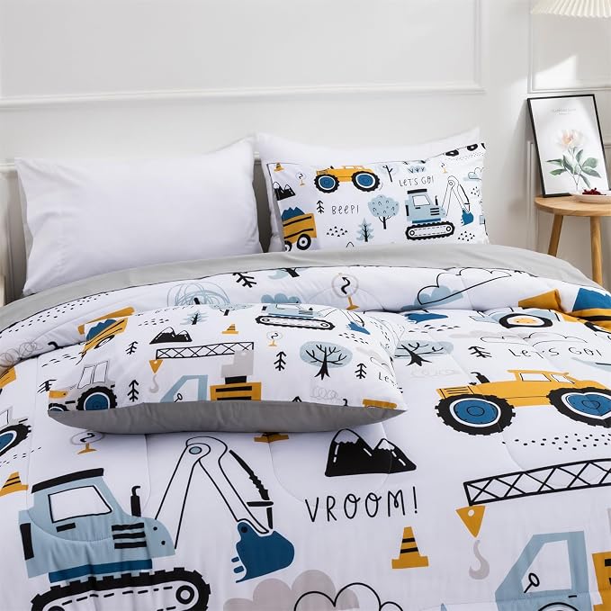 Holawakaka Trucks Tractors Cars Boys 5-Piece Bedding Comforter Sheet Set,Twin Size Cartoon Construction Car Excavator Print Kids Bed in A Bag, Excavator Mixer Truck Printed Bed Sets (White Twin)