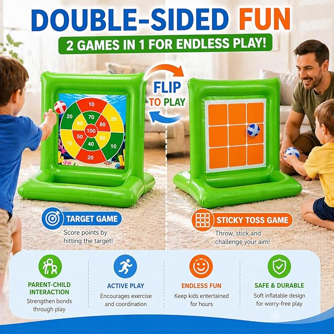 Pool Toys for Kids & Adults, 2-in-1 Dart Board and Tic Tac Toe Pool Game with 24 Sticky Balls, Family Summer Water Games for Backyard, Pool Party and Swimming Pool, Green