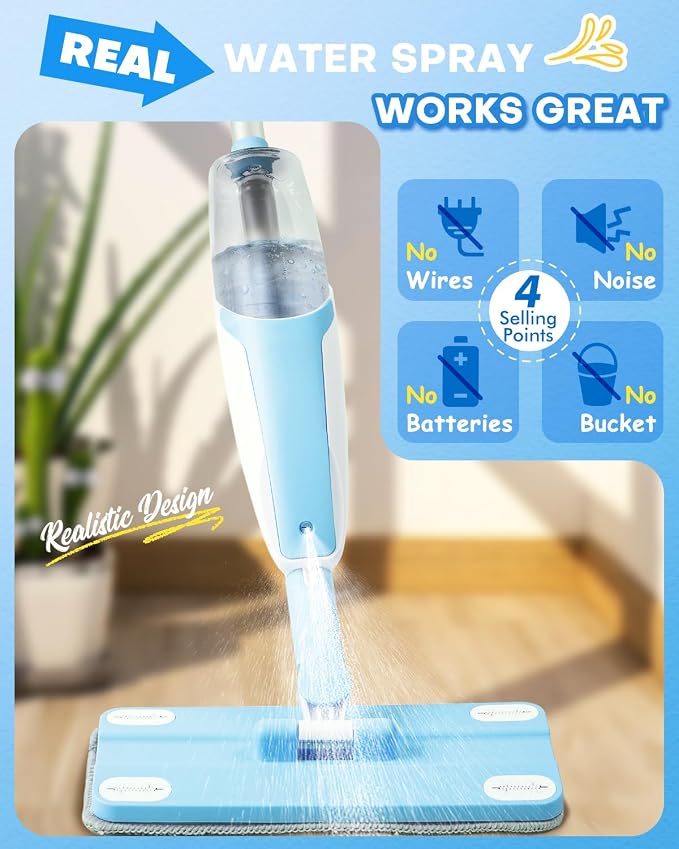Kids Spray Mop, Blue Toddler Cleaning Set with Refillable Water Spray Tank, Lightweight Pretend Play Mop Toy for Boys Girls, Montessori Housekeeping Toy Gift