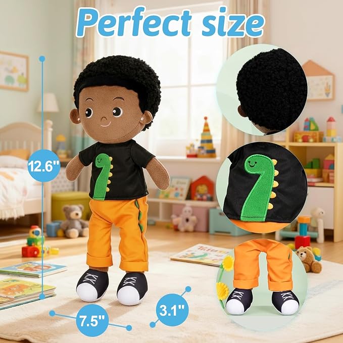 OUOZZZ 12.6" Black Boy Baby Doll - Toys for 1 Year Old Gifts African American Doll Birthday Gifts for 1 Year Old Boy Plush Toys Gift for Toddler Kids Dinosaur