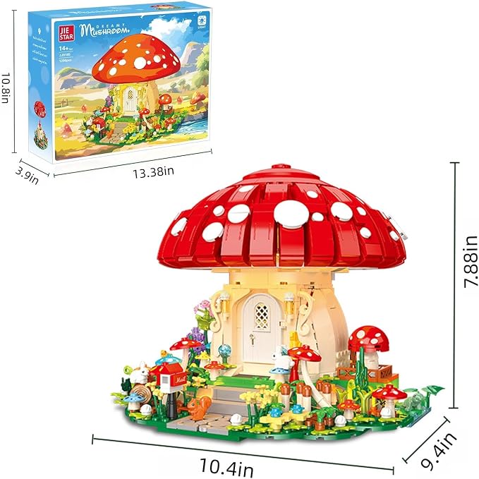 Dreamy Mushroom House Building Blocks Set with LED Light, Fairy Tale Forest House Building Kit with Cute Animals, Botanical Collection Display Model, Ideal Gift for Teens Adults(1296PCS)