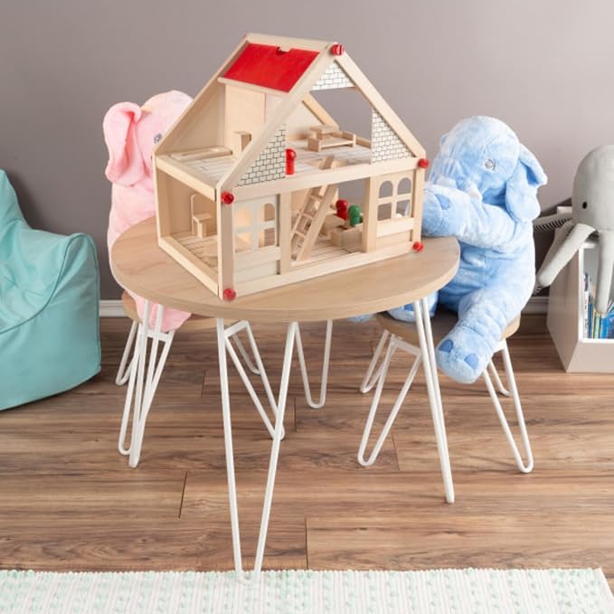 HEY! PLAY! Dollhouse for Kids – Classic Pretend Play 2 Story Wood Playset with Furniture Accessories and Dolls for Toddlers, Boys and Girls