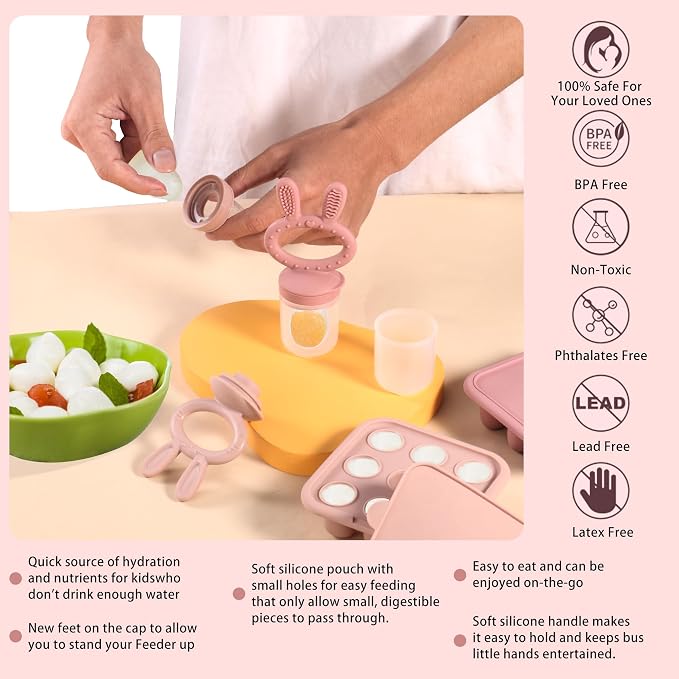 Baby Breastmilk Popsicle Molds & Baby Fruit Feeder (2 Pack), Baby Food Freezer Tray Storage Containers, Silicone Teething Pacifier Feeder and Teether for Babies,Baby Feeder-Pink