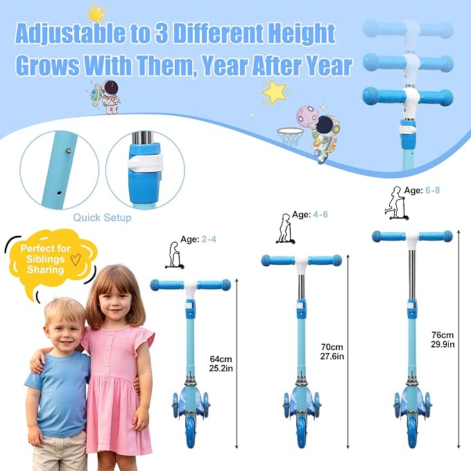 Kick Scooters for Kids 3-5 5-7 Years Age - Handlebars Flexible Steer,Height Adjustable,Stable Light Up Three Wheeled Toddler Scooter for Boy & Girl,Indoor Outdoor Kid Child Toy Gift
