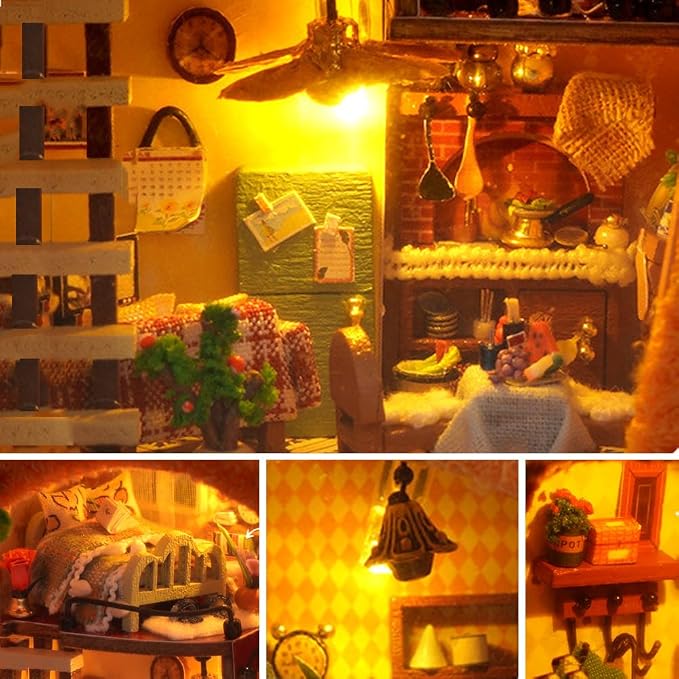 Miniature Dollhouse Kit DIY Wooden Dolls House,Tiny House kit with Furniture, Great Handmade Crafts Gift for Birthday Valentine's Day (TH2PCS)