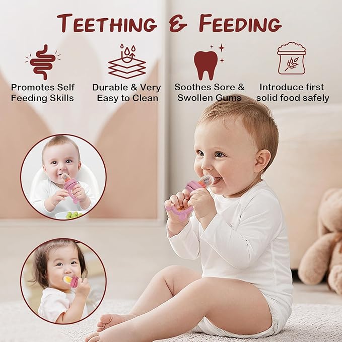 Baby Breastmilk Popsicle Molds & Baby Fruit Feeder (2 Pack), Infant Food Freezer Tray Storage Containers, Silicone Teething Pacifier Feeder and Teether for Babies - Blush