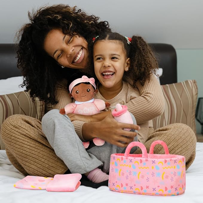 OUOZZZ 10" Black Baby Doll Accessories with Soft Doll, Bassinet, Blanket and Bottle, Toys for 2 Year Olds Girls Birthday Gift, Interactive Pretend Playset for Social Emotional Learning