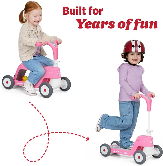 Radio Flyer Scoot 2 Scooter, Blue/Red/Pink, for Kids Ages 1-4, Ride On Toy or 4-Wheel Kids Scooter, Durable Wheels and Frame, Converts Easily with Flip Deck, Toddler Ride On Toys (Amazon Exclusive)
