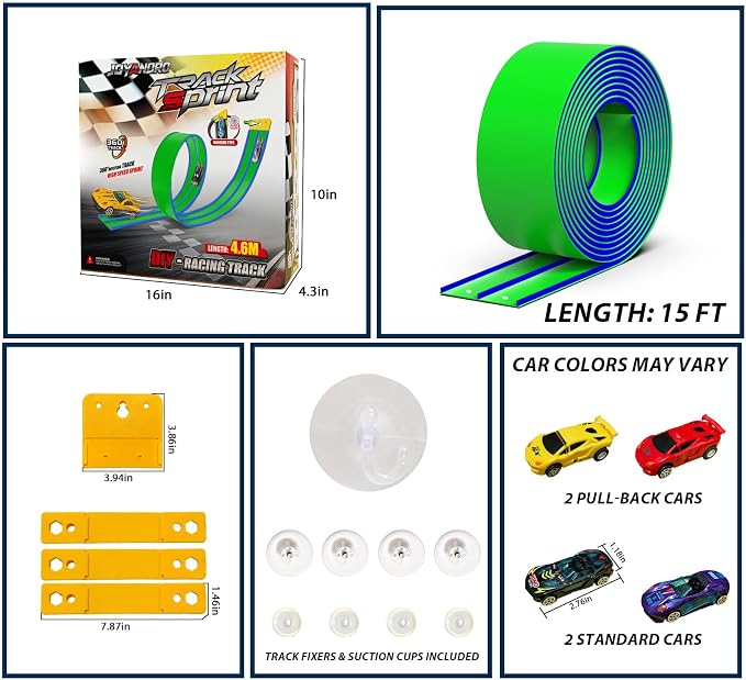 15 Ft Flexible Race Car Track (Aqua Green) for Kids,Flex Track Starter Set Compatible with Hot Wheels and Diecast 1/64th Cars,Portable Racetrack Roll Up Race Track with 4 Racecars and Suction Cups