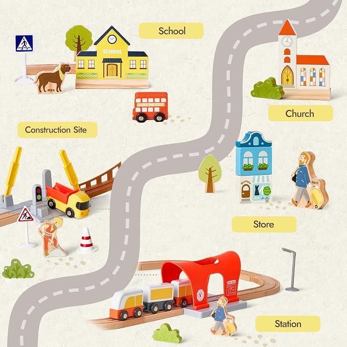 94pcs Wooden Train Set, Modern City Adventure Railway Track for Kids with Bridge, Tunnel, Crane, Town Buildings, Compatible with Most Brand, Christmas Toy Gift for Boys Girls Age 3-8