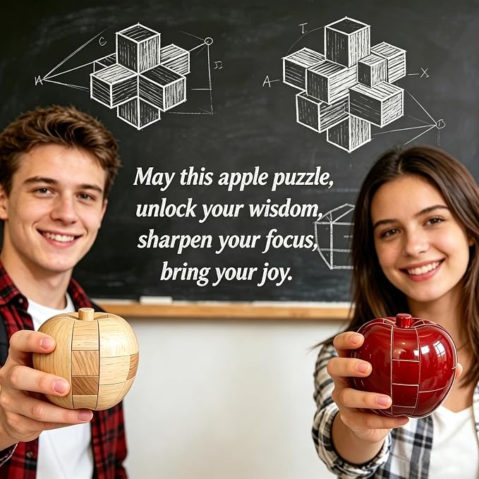 Brain Teasers Wooden Apple Puzzles for Adults - Challenging 3D IQ Logic Games for Teens 14+, Stress Relief Desk Toys & Office Decor, Unique Gifts for Women,Men,Grandparents (Natural)
