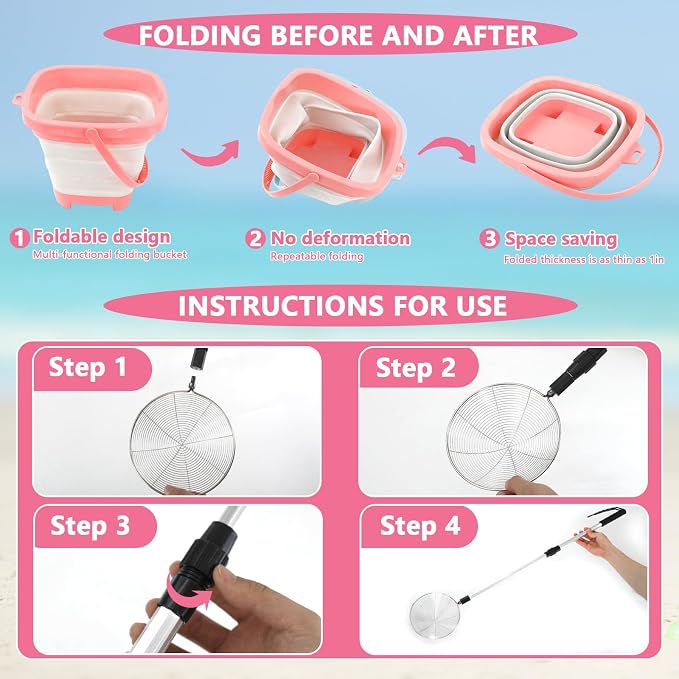 fethwoin Shark Tooth Sifter, Beach Sand Sifter, Sea Shell Scooper for Beach, Shell Bags&Foldable Bucket, Sand Beach Toys for Kids 6 8 10 12, Medium, Pink