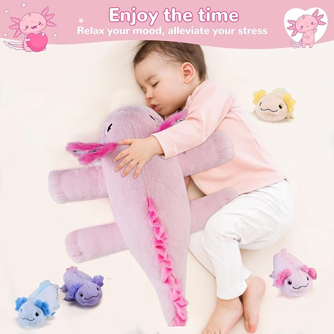gnomantic Axolotl Stuffed Animals with Babies Inside, Mommy Toy for Kids | 5-Piece set: 1 mommy axolotl + 4 baby axolotls inside. Unzip belly to reveal surprise babies. Ultra-soft, ages 3-8.
