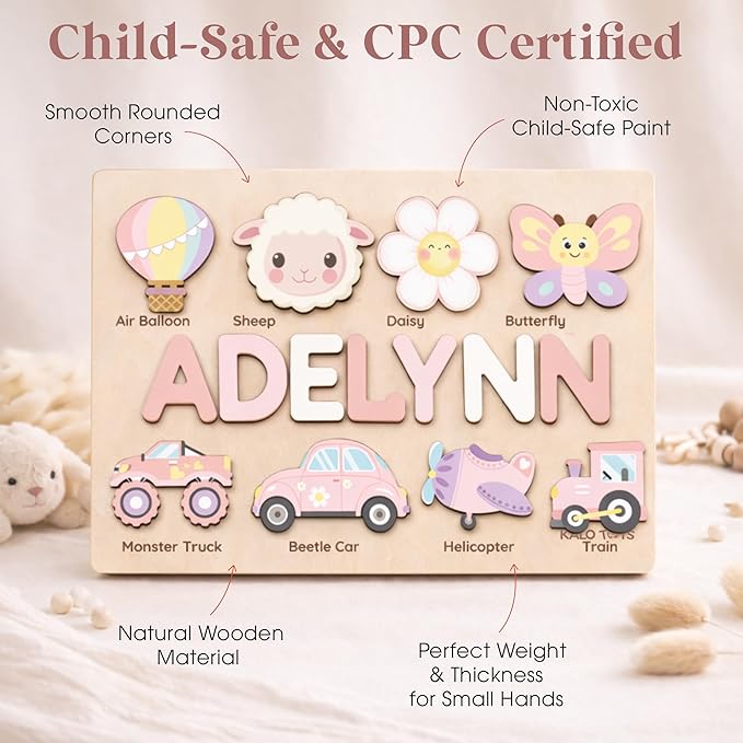 Personalized Name Puzzle for Toddlers 1-3, Custom Wooden Name Puzzle Gift for Baby Girls Boys, Personalized Baby Shower & First Birthday Gift, Montessori Learning Toy, CPC Certified (Animal Puzzle)
