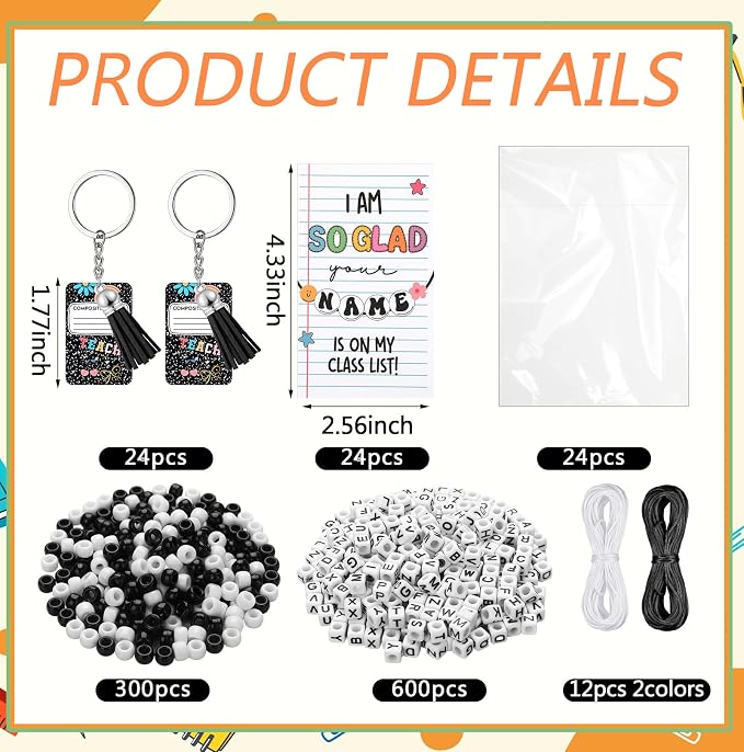 Suncalla 996 Pcs 24 Set Composition Book Keychain Making Kit Back to School Gifts DIY Bead Key Chain Crafts Adjustable Name Bead Notebook Card Kit Back to School Jewelry Graduation Party Supplies