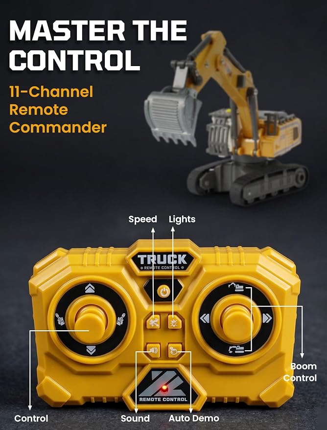 SHINESIGNAL11 Channel Mini RC Excavator Toy, Remote Control Excavator for Adult, Metal Aolly Bucket,Type-C Rechargeable, Construction Vehicle Toy for Boys 3+ Year Old