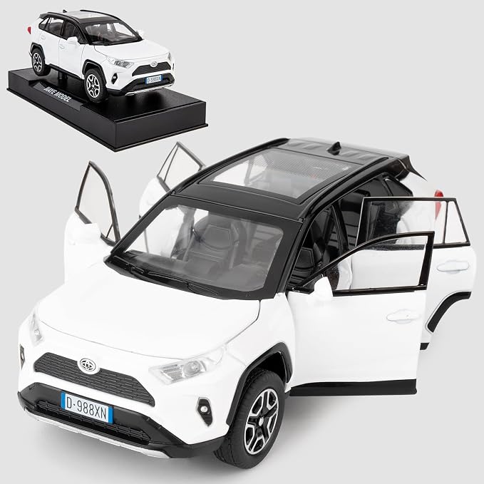 WAKAKAC Model Car 1/32 RAV4 Alloy Diecast Collectible Toy Car with Light and Sound Toy Vehicle Door Can Be Opened for Boys Kids Toddler Gift (White)